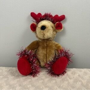 GAC 1999 Christmas Tinsel Reindeer Teddy Bear Plush Stuffed Animal Toy Red Tan